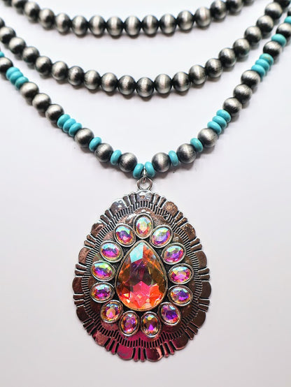 Necklace with beaded chain and colorful pendant Boho style. 