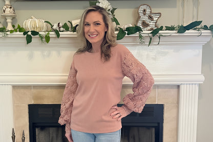 Mauve Lace Sleeve Top combines timeless elegance with modern charm. Featuring intricate lace sleeves and a classic crew neckline.