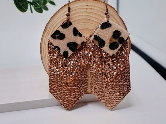 Faux Leather earrings with leopard print and rose gold glitter.