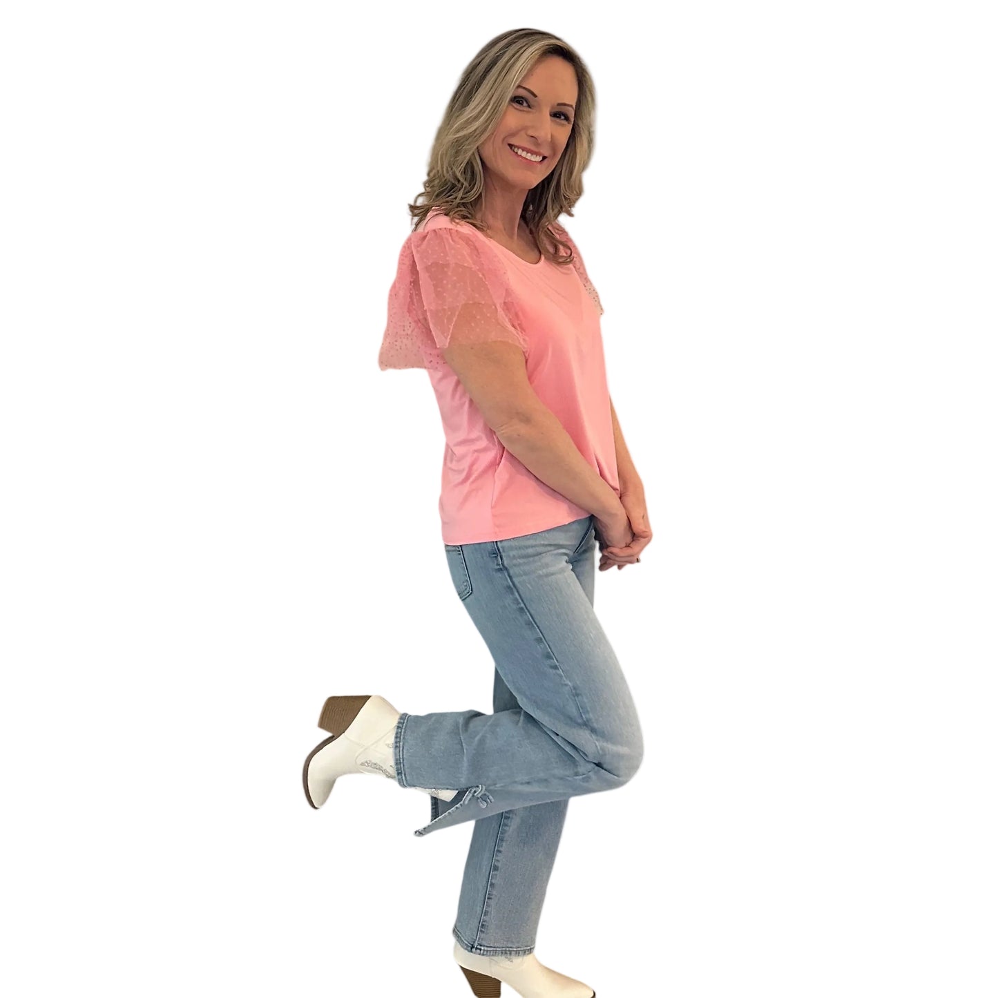 Pink Ruffle Sleeve Top is a fun and feminine piece that adds a playful touch to any outfit. Featuring delicate polka-dot mesh ruffle sleeves and a soft, lightweight fabric.