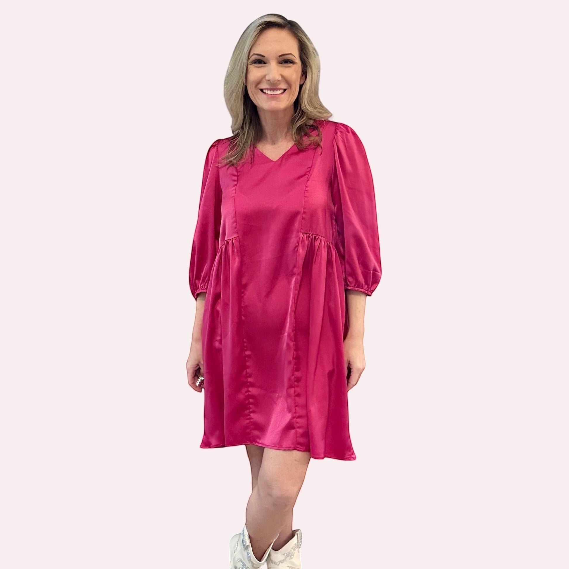 Hot Pink Satin Babydoll Dress is the perfect combination of elegance and playful charm. Featuring a shiny satin finish, this dress boasts a flattering babydoll silhouette.
