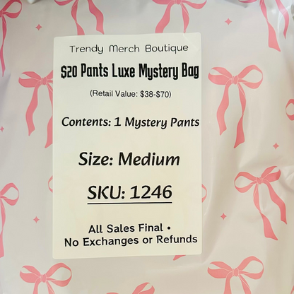 pink and White polymailer bag with bows for $20 pants mystery bag.