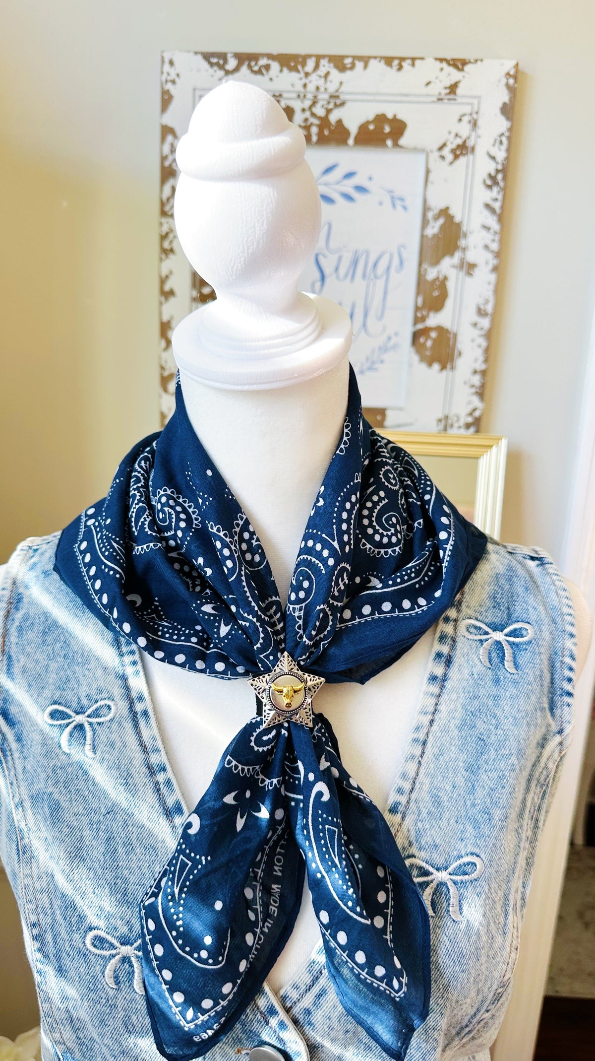 Navy Paisley Bandana with Longhorn Star Concho