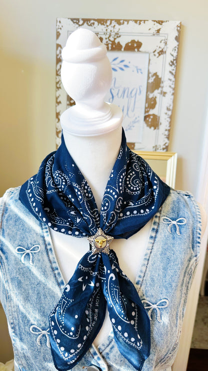 Navy Paisley Bandana with Longhorn Star Concho