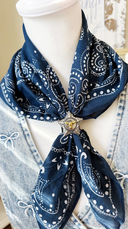 Navy Paisley Bandana with Longhorn Star Concho