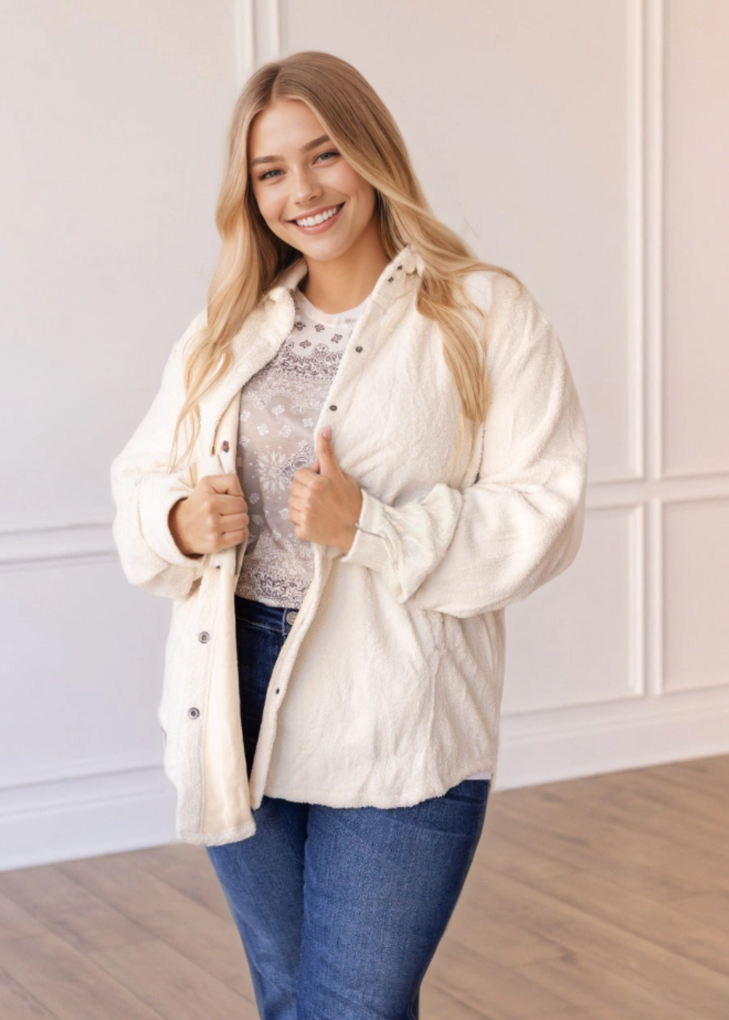 Cream Colored  Oversized Sherpa Button-Up Jacket is the ultimate cozy companion for chilly days. Featuring an oversized fit and soft sherpa fabric.