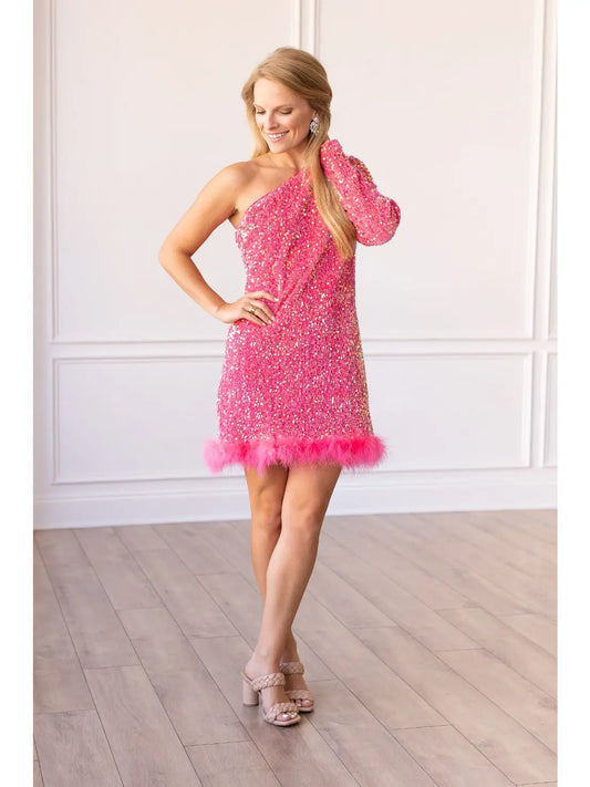 One-Shoulder Sequin Mini Dress. Featuring a fitted silhouette, dazzling Hot Pink sequins, and a chic one-shoulder design.