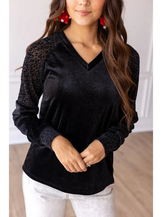 Sophia Velvet Leopard Sleeve Top