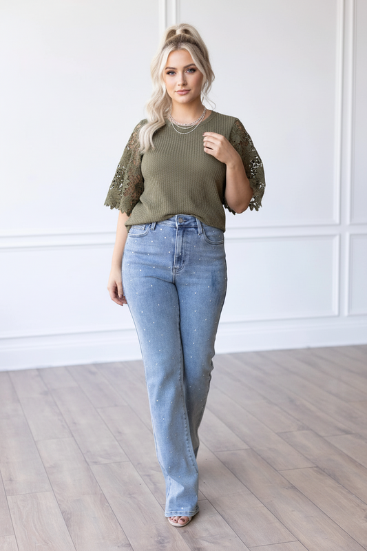 Avery Lace Sleeve Top- Olive