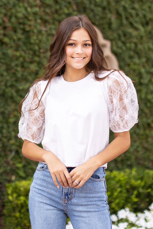 White Lace Puff Sleeve Top is a perfect combination of elegance and simplicity. Featuring delicate sheer lace puff sleeves and a classic boat neckline. 