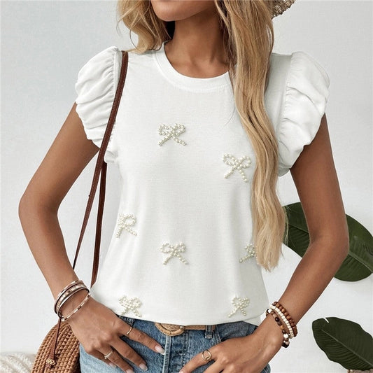 Beaded Bowknot Bishop Sleeve Top is a chic and feminine addition to your wardrobe. this top offers a soft and stretchy fit for all-day comfort. Featuring a round neckline and delicate bishop sleeves.