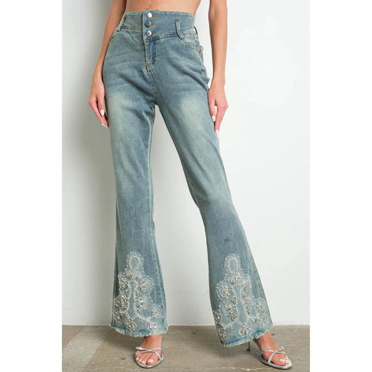  Beaded Lace Bell Bottom Jeans offer a stylish nod to vintage fashion with a modern twist. 