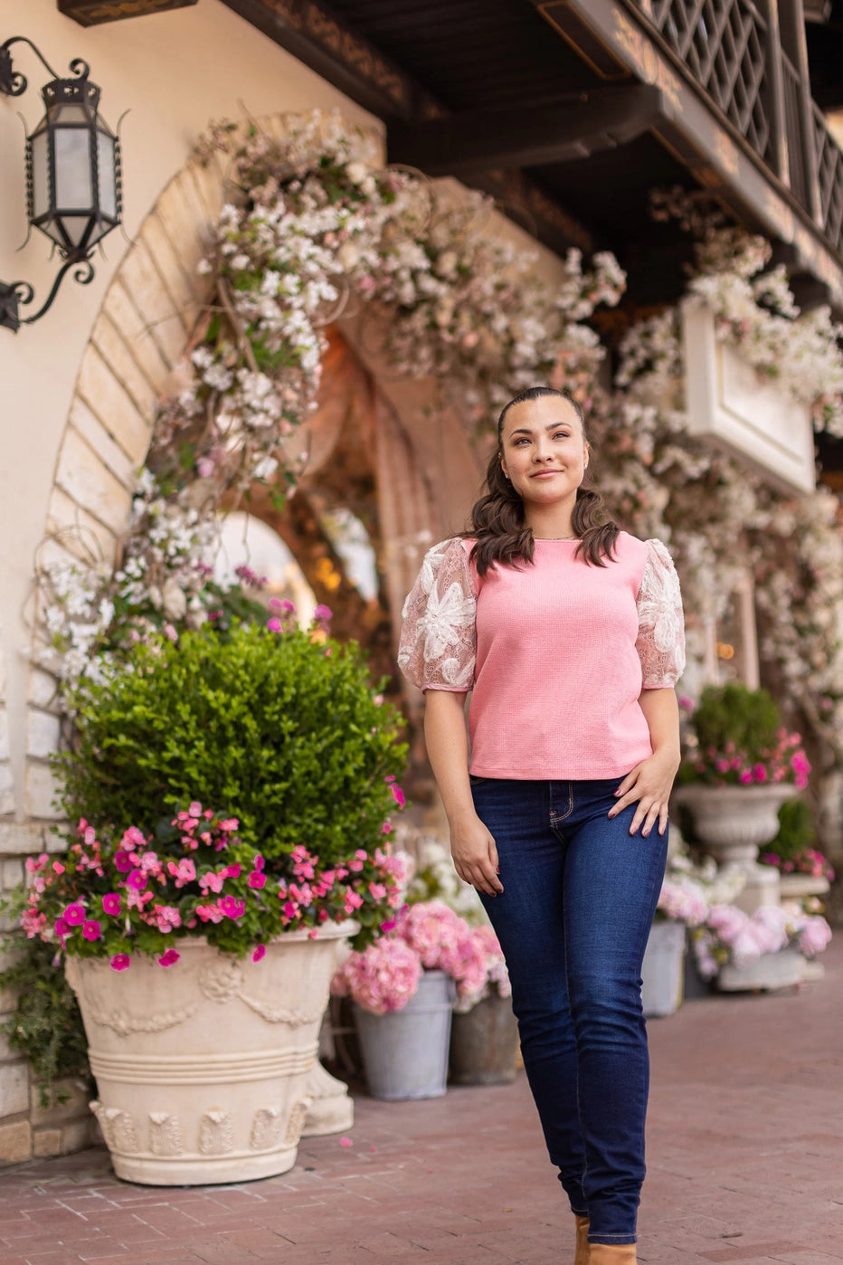 Pink Lace Puff Sleeve Top is a perfect combination of elegance and simplicity. Featuring delicate sheer lace puff sleeves and a classic boat neckline.