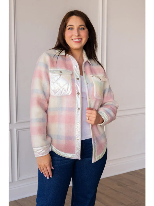 Pastel Plaid Jacket is a stylish and cozy layering piece. A relaxed fit, folded collar. 