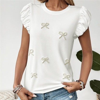 Beaded Bowknot Bishop Sleeve Top is a chic and feminine addition to your wardrobe. this top offers a soft and stretchy fit for all-day comfort. Featuring a round neckline and delicate bishop sleeves.