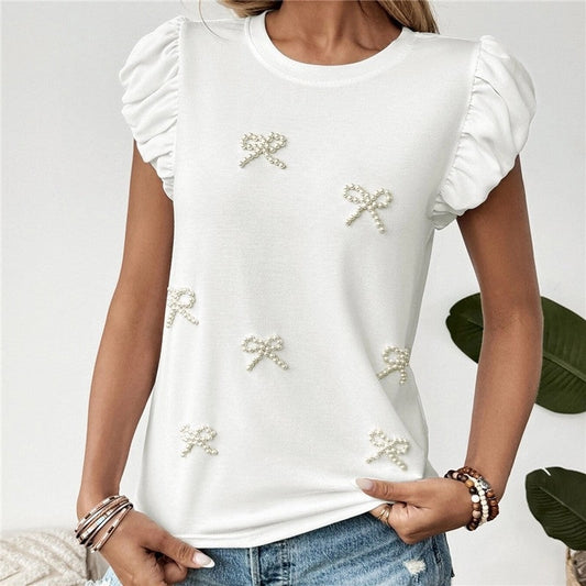 Beaded Bowknot Bishop Sleeve Top is a chic and feminine addition to your wardrobe. this top offers a soft and stretchy fit for all-day comfort. Featuring a round neckline and delicate bishop sleeves.