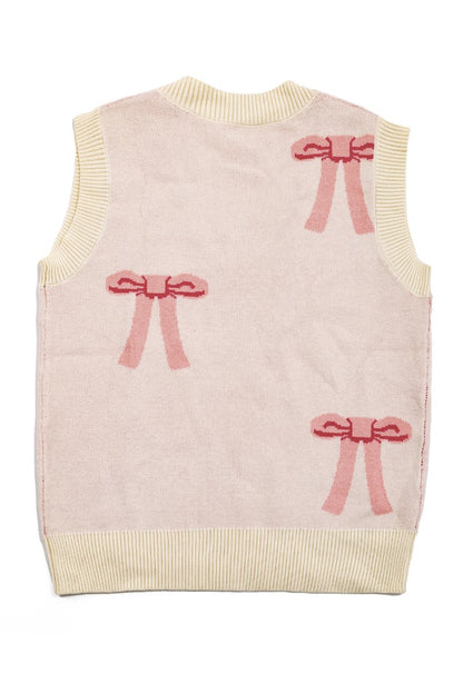 Bow Sweater Vest featuring an all-over bow design, this is a sleeveless sweater vest with a V-neckline. 