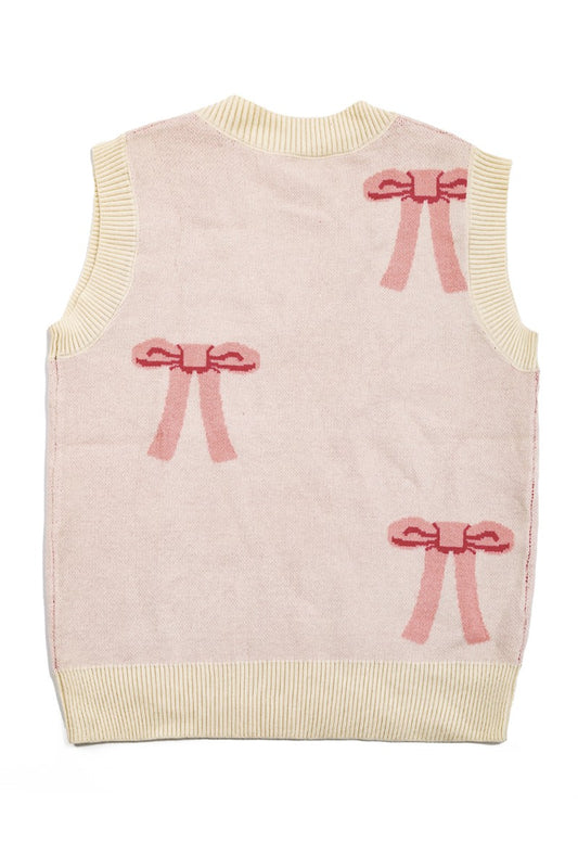Bow Sweater Vest featuring an all-over bow design, this is a sleeveless sweater vest with a V-neckline. 