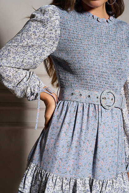  Blue Belted Tiered Floral Smock Dress. 