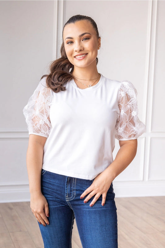 White Lace Puff Sleeve Top is a perfect combination of elegance and simplicity. Featuring delicate sheer lace puff sleeves and a classic boat neckline. 