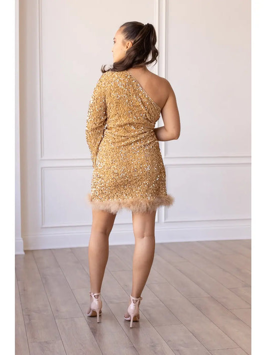 One-Shoulder Sequin Mini Dress. Featuring a fitted silhouette, dazzling Gold sequins, and a chic one-shoulder design.