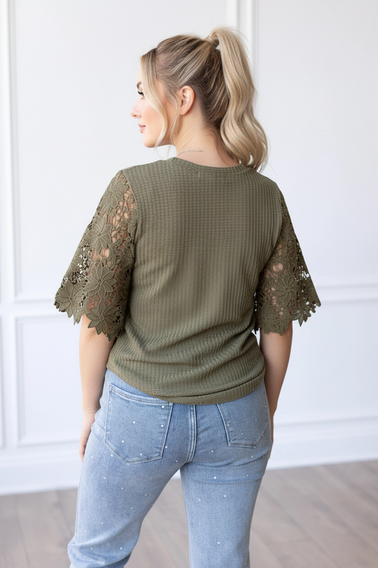 Avery Lace Sleeve Top- Olive