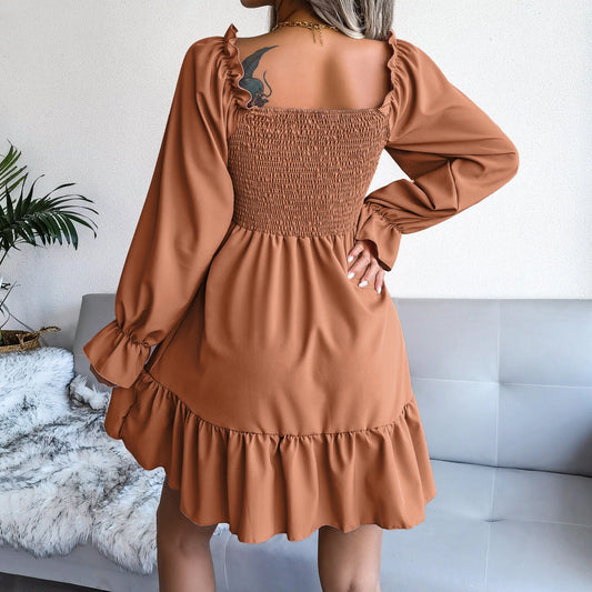 Brown Gold Smocked Ruffle Dress.