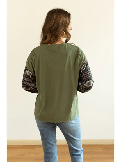 Aztec Sleeve Top is a stylish blend of simplicity and bold design. Featuring a solid olive-green.