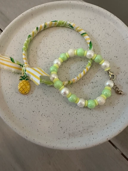 Pineapple Charm Bangle and Pearl Bead Bracelet Set in yellow and green