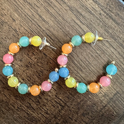 Pastel Rainbow Beaded Hoop Earrings with multicolor beads and gold accents