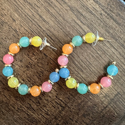 Pastel Rainbow Beaded Hoop Earrings with multicolor beads and gold accents
