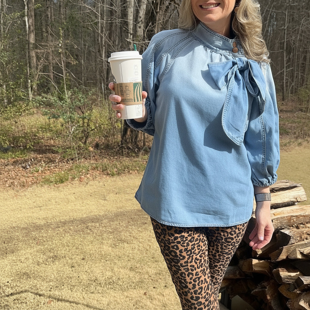 Trendy Merch Campbell Puff Sleeve Denim Blouse with bow detail and high neckline, 3/4 sleeves, cotton-polyester blend.