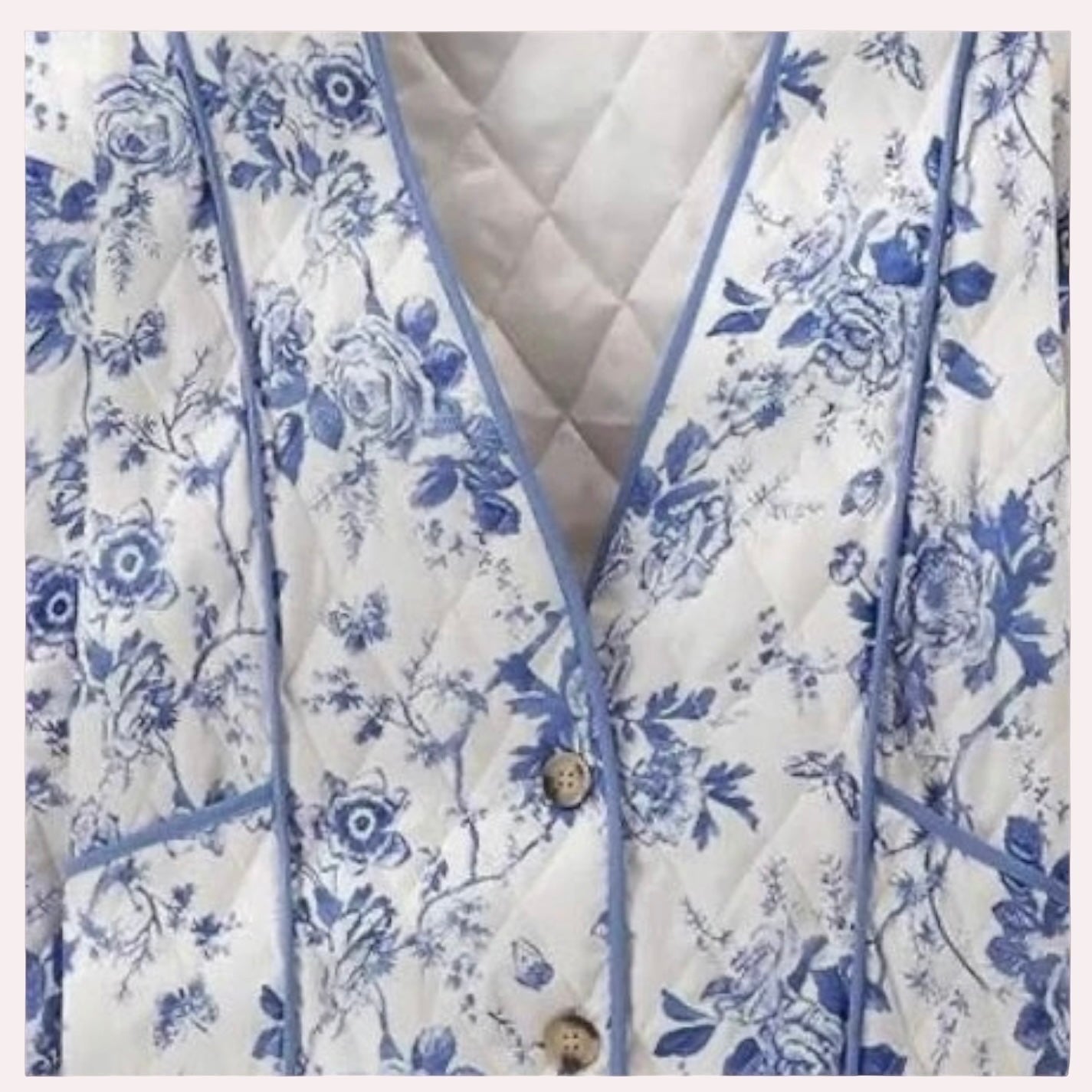 Trendy Merch blue and white floral quilted jacket with V-neck, button front, and piping detail. 80% Polyester, 20% Cotton.