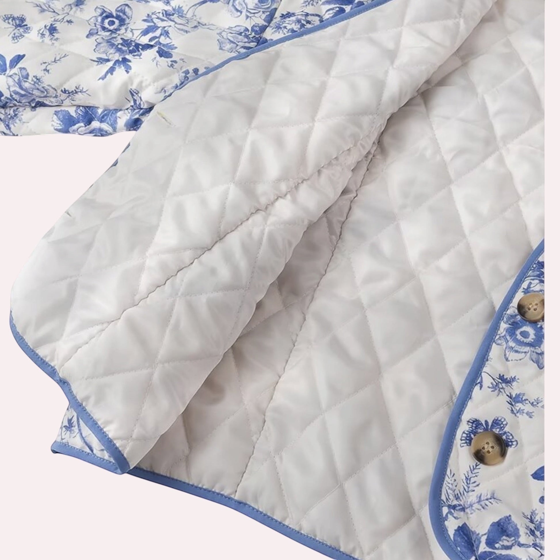 Trendy Merch blue and white floral quilted jacket with button front and piping detail. Polyester-cotton blend.