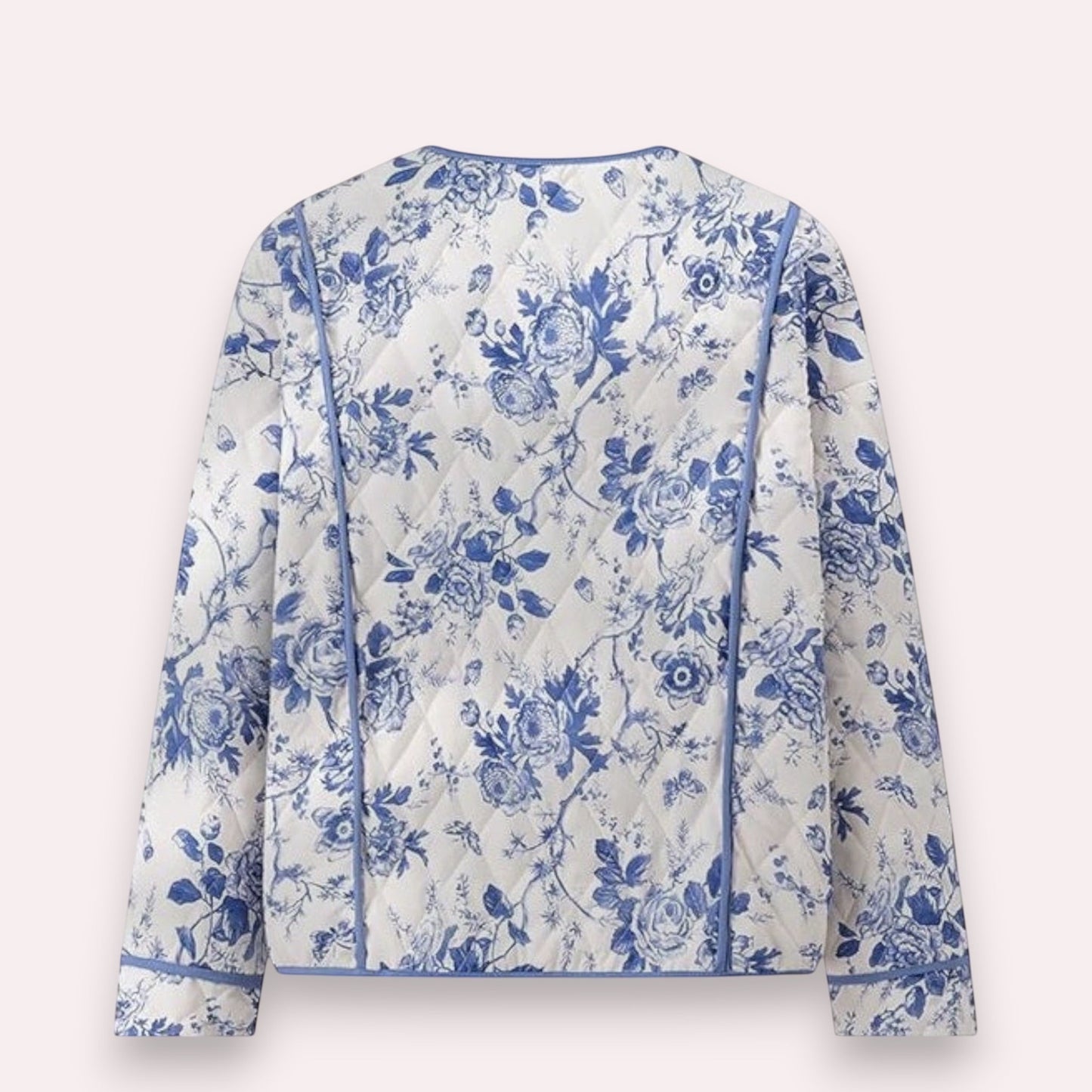 Trendy Merch blue and white floral quilted jacket with piping detail, polyester-cotton blend.