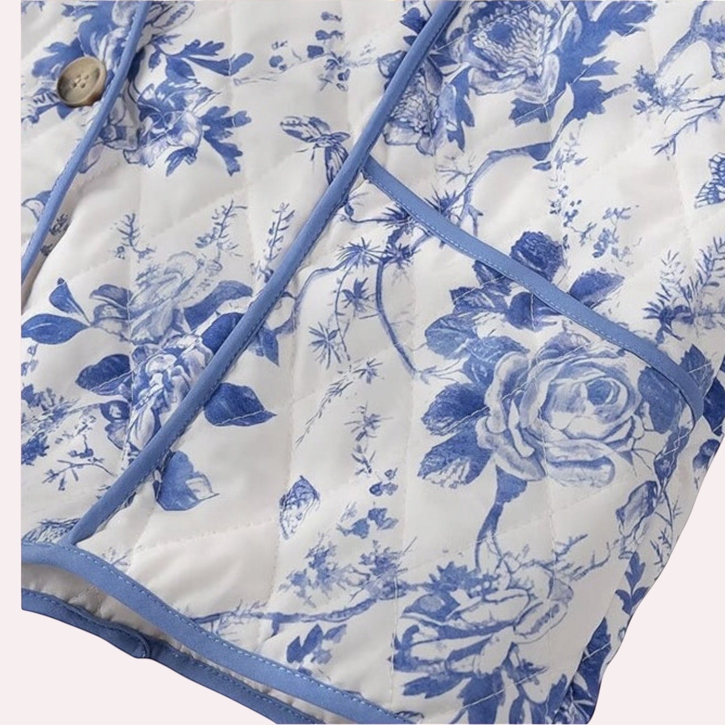 Trendy Merch blue and white floral quilted jacket with piping detail and button front. 80% Polyester, 20% Cotton.