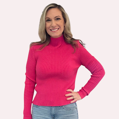 Trendy Merch Selena Turtleneck Sweater in vibrant pink, ribbed knit cotton-polyester blend, fitted silhouette, long sleeves.